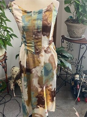 Fashion Nova Strapless Watercolor Satin Top/Midi Skirt in Olive, Brown & Cream